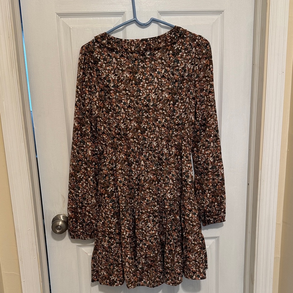 SHEIN Brown Floral Tiered Long Sleeve Dress